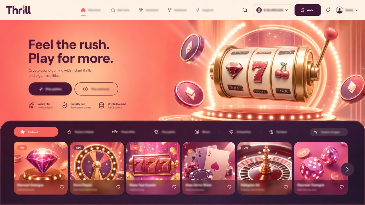 Thrill crypto casino homepage with slot reels and game category tabs