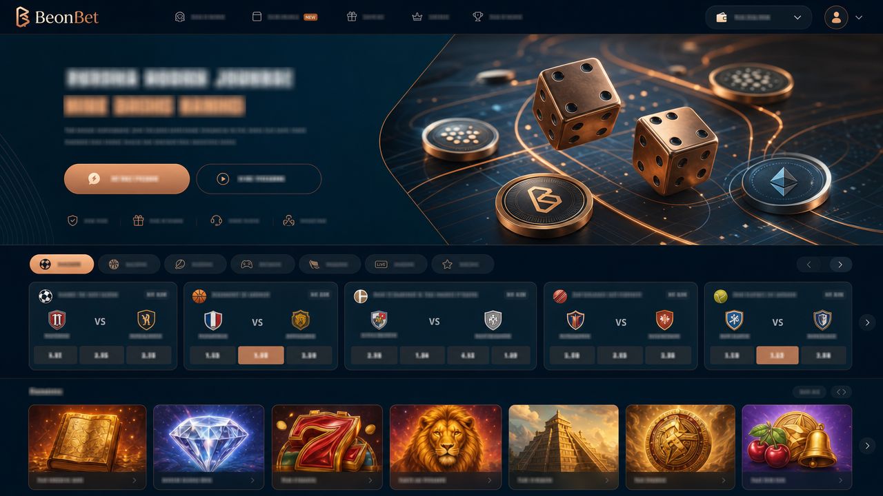 BeonBet casino homepage with sportsbook match cards and slot game tiles