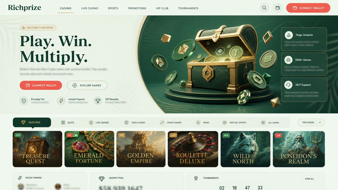 Richprize casino homepage with game tiles, category tabs and lobby navigation