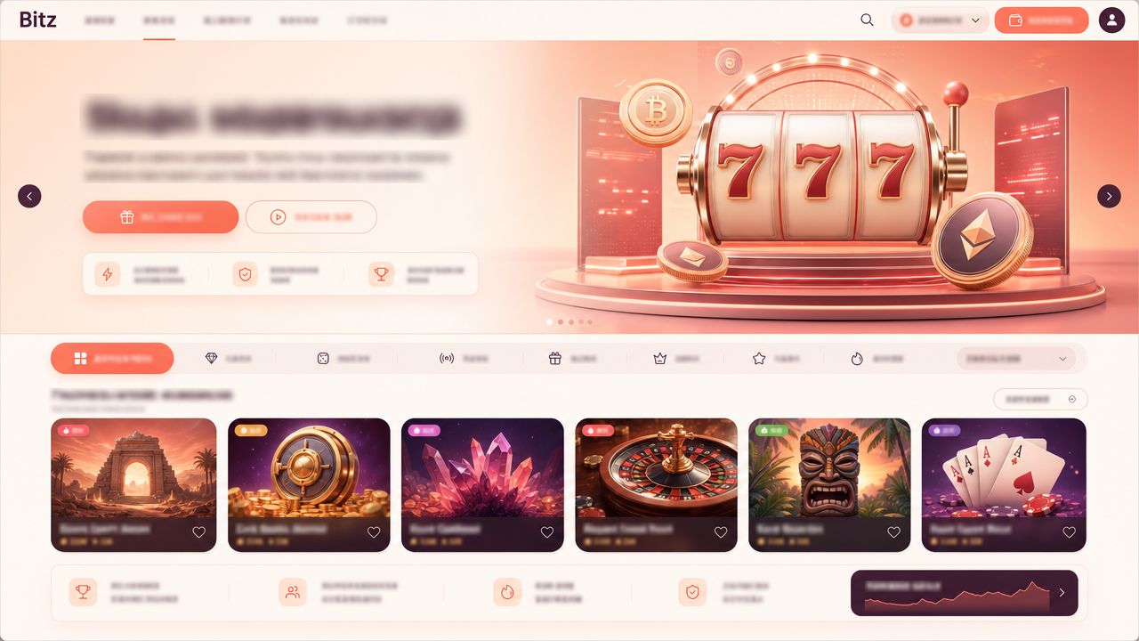 Bitz crypto casino homepage with slot reels, game tiles and category tabs