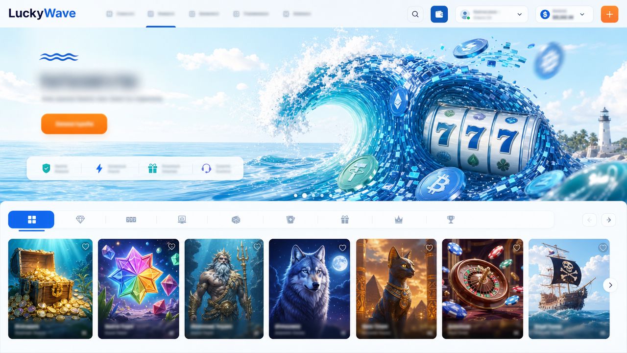 LuckyWave casino homepage with category tabs and a row of game tiles