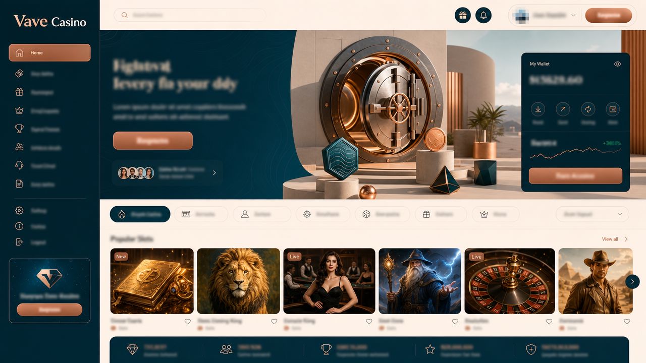 Vave Casino desktop homepage with wallet widget and game tiles