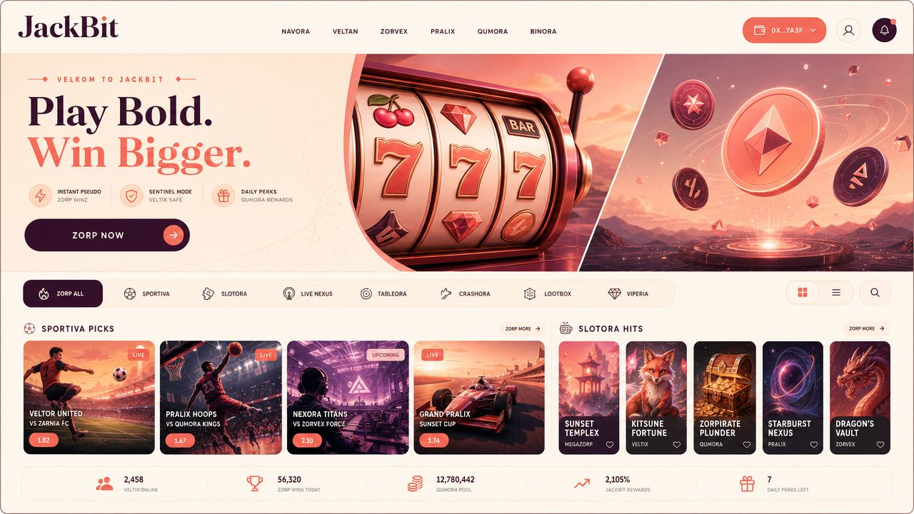 Desktop homepage of the JackBit crypto casino with slot reels and sports game cards