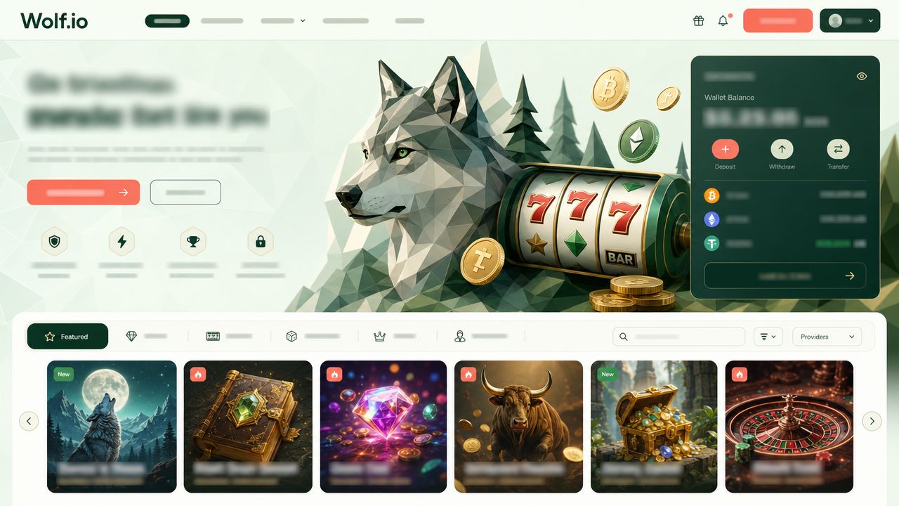 Wolf.io crypto casino homepage with green layout and game tiles